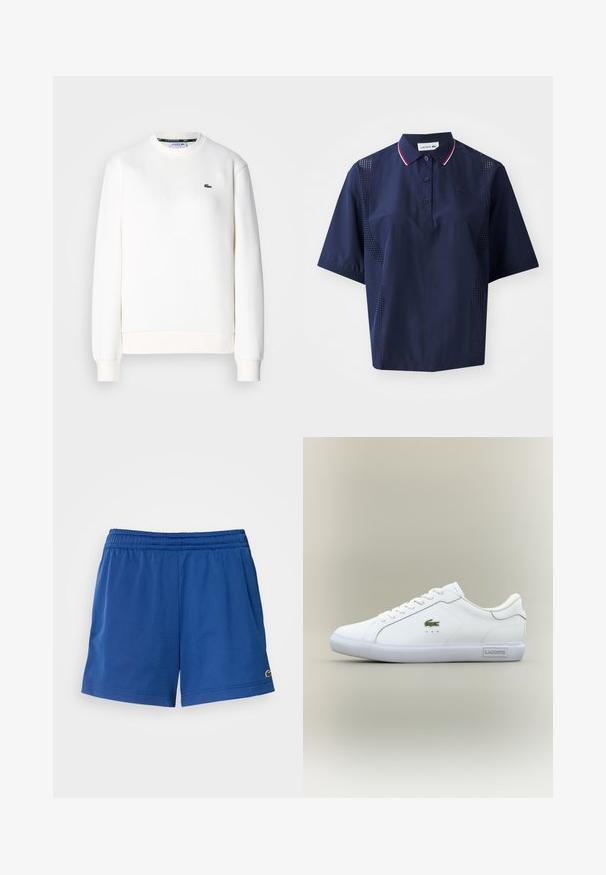 Sweatshirt blanc en mélange de coton, avec un col rond, des poignets côtelés et un petit logo vert sur la poitrine. Texture lisse.; Polo shirt à manches courtes bleu marine avec fermeture à boutons, col contrasté avec des accents rouges et blancs, et panneaux latéraux perforés pour la respirabilité.; Shorts de sport bleus en tissu léger avec une taille élastique, dotés de poches latérales et d'un petit logo près de l'ourlet.; Baskets basses blanches avec lacets blancs, logo crocodile vert sur le côté et étiquette "Lacoste" sur la semelle, le tout sur un fond neutre.