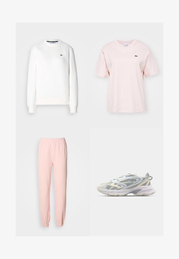 Weißes Sweatshirt aus Baumwollmischung mit rundem Ausschnitt, gerippten Bündchen und kleinem grünem Logo auf der Brust. Angenehme, glatte Textur.; Helles rosa Baumwoll-T-Shirt mit kurzen Ärmeln, Rundhalsausschnitt und kleinem grünen Lacoste-Logo auf der linken Brust. Weicher Stoff, entspannter Schnitt.; Helle rosa Sweatpants mit elastischem Bund, tapered Beine und gesammelten elastischen Bündchen an den Knöcheln auf einem einfarbigen Hintergrund.; Mesh-Sportschuh in Grau und Creme, mit strukturiertem Obermaterial, verstärkter Spitze und einer hellen, robusten Laufsohle für besseren Halt.