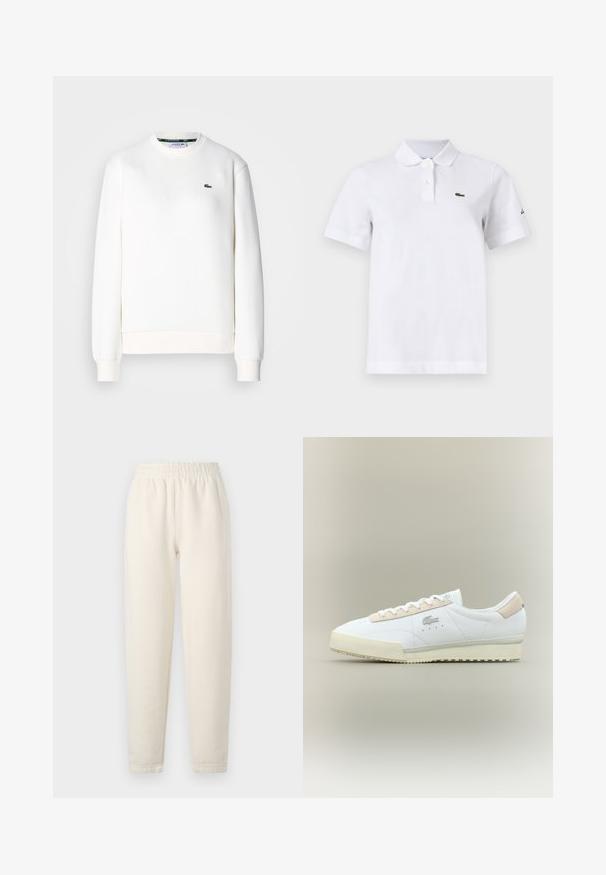 Witte sweatshirt gemaakt van een katoenmix, met een ronde halslijn, geribde manchetten en een klein groen logo op de borst. Soepele textuur.; Witte polo met korte mouwen, twee knopen, een klein groen krokodillenlogo op de linkerborst en een subtiel zwart logo op de linkermouw.; Crème-kleurige sweatpants gemaakt van zachte stof. Bevat een elastische tailleband en een taps toelopend ontwerp met subtiele stikdetails.; Witte leren sneaker met een beige suède accent. Kenmerken zijn een ronde neus, platte veters en een gestructureerde zool. Lacoste-logo aan de zijkant.