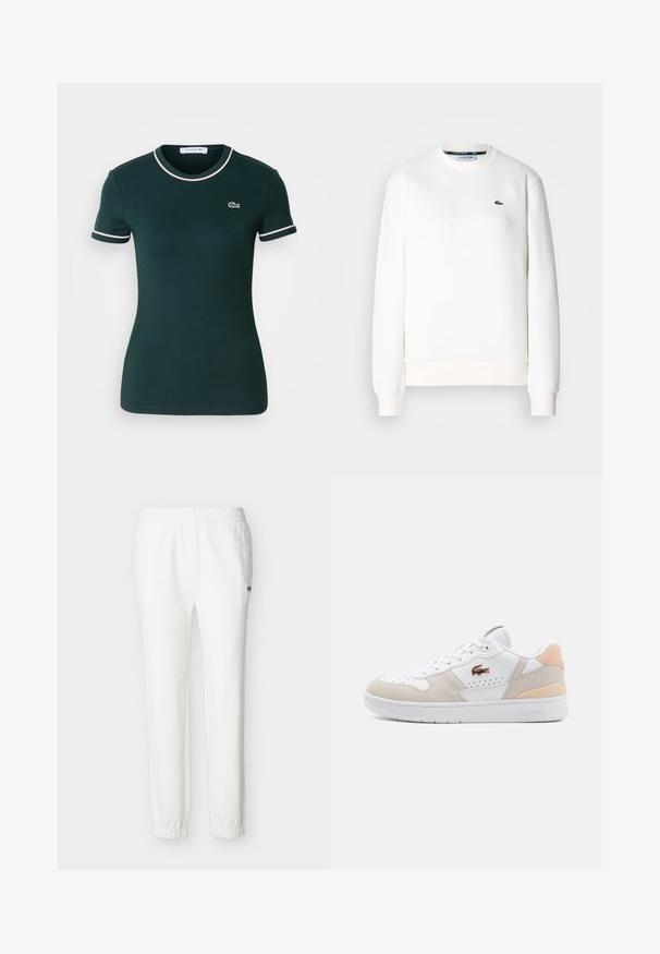 Hvid sweatshirt lavet af bomuldsblanding, med rund halsudskæring, ribbede manchetter og et lille grønt logo på brystet. Glat tekstur.; Mørkegrøn kortærmet t-shirt, figursyet design, med hvid kant omkring kraven og ærmerne, og med et lille Lacoste-logo på brystet.; Hvide afslappede joggingbukser med elastisk taljebånd og manchetter, med lille broderet logo på øverste lår.; Hvide sneakers med ruskindsdetaljer i lys beige og blød pink. Har perforeret design, snørebånd foran og Lacoste-logo på siden.