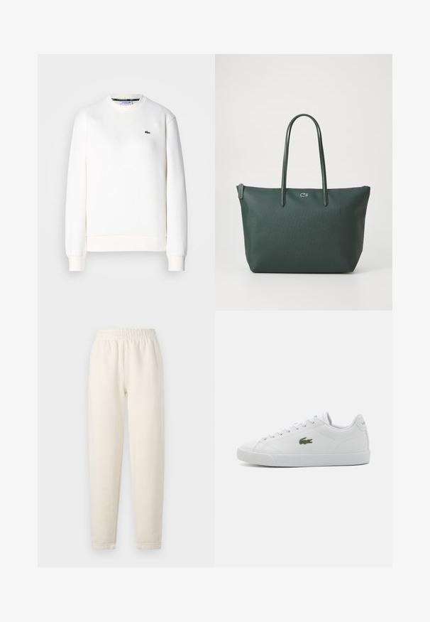 Hvid sweatshirt lavet af bomuldsblanding, med rund halsudskæring, ribbede manchetter og et lille grønt logo på brystet. Glat tekstur.; Cremefarvede sweatpants lavet af blødt stof. Har en elastisk talje og tapered ben design med subtile stikningsdetaljer.; Hvide lædersneakers med rund tå, snøre-design, grøn broderet krokodille-logo og struktureret gummisål.; Mørkegrøn taske lavet af struktureret materiale med to lange håndtag, der har et lille logo på fronten og en lynlåslukning.