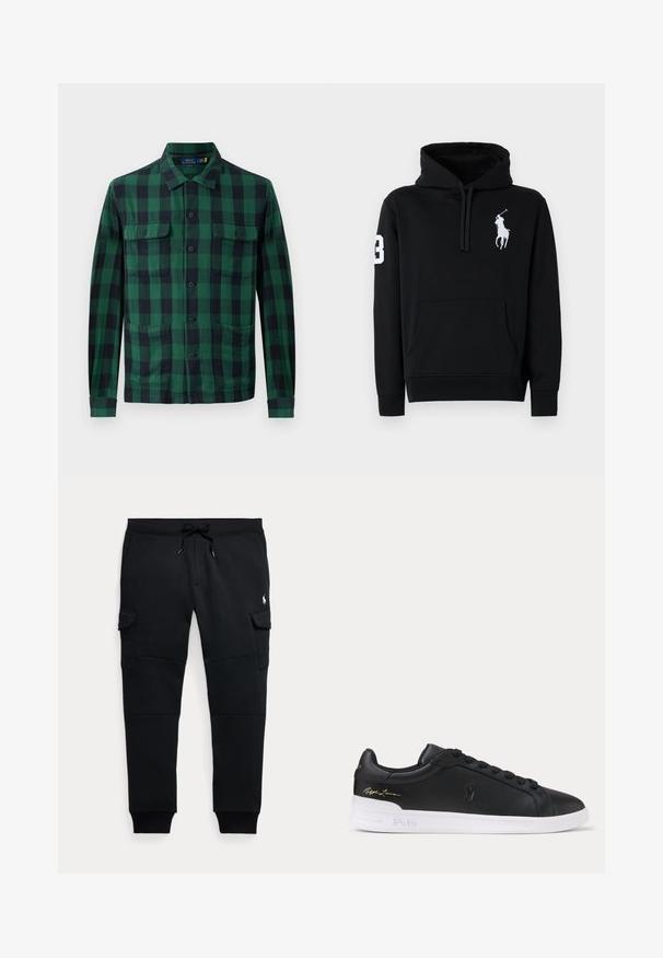 Sudadera negra de algodón, con un bolsillo frontal, capucha con cordón y un logo de jugador de polo en blanco con el número 3 en la manga.; Camisa de cuadros verde y negra, hecha de tela, con cierre de botones en la parte delantera, dos bolsillos en el pecho y mangas largas con puños abotonados.; Pantalones jogger cargo negros con cintura ajustable con cordón, bolsillos laterales con solapa, puños acanalados y pequeño logo blanco de jugador de polo en el muslo derecho.; Zapatilla de cuero baja negra con cordones negros, suela blanca con relieve Polo y firma dorada de Ralph Lauren en el talón.