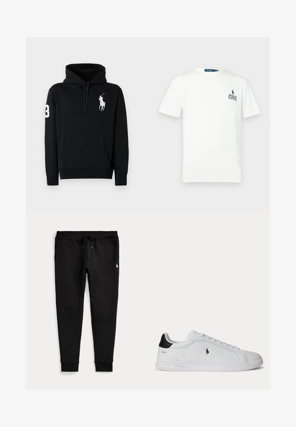 Sudadera negra de algodón, con un bolsillo frontal, capucha con cordón y un logo de jugador de polo en blanco con el número 3 en la manga.; Camiseta blanca de algodón con cuello redondo, mangas cortas, y un logo azul de "POLO Ralph Lauren" en el lado izquierdo del pecho.; Pantalones jogger negros con tobillos con puños, cintura con cordón, bolsillos laterales y pequeño logo blanco de jugador de polo en el muslo derecho.; Zapatilla blanca de corte bajo con lengüeta trasera negra, cordones y logo de Polo Ralph Lauren en el lateral, con detalles en relieve en la suela.