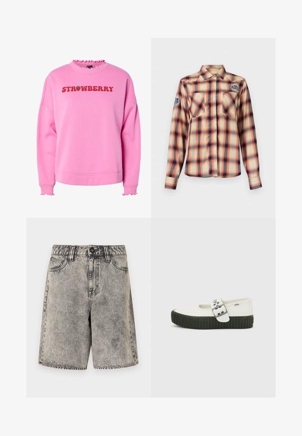 Sweatshirt rose avec un col et des poignets volants, présentant "FRAISE" en texte rouge en gras et un graphique de fraise verte au-dessus du texte.; Chemise à manches longues à carreaux orange, beige et noir, avec deux poches poitrine à l'avant, un col et des écussons de marque sur la poitrine et la manche.; Short en denim gris délavé acidulé, taille haute, avec bouton à l'avant, fermeture éclair, passants de ceinture et deux poches avant sur fond blanc.; Chaussure Mary Jane blanche Vans avec semelle épaisse noire côtelée et large bride à boucle argentée sur fond gris uni.
