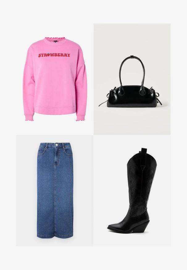 Sudadera rosa con cuello y puños con volantes, que presenta "FRESA" en texto rojo negrita y un gráfico de fresa verde encima del texto.; Falda larga de mezclilla en azul oscuro, con corte recto, cinturilla con cierre de botón y detalles de costura mínimos.; Bota de vaquero de cuero negro con punta puntiaguda, tacón bloqueado inclinado, costuras decorativas y lengüetas en la parte superior sobre fondo blanco.; Pequeño bolso negro brillante con dos asas largas y detalles de cordón lateral sobre un fondo claro liso.