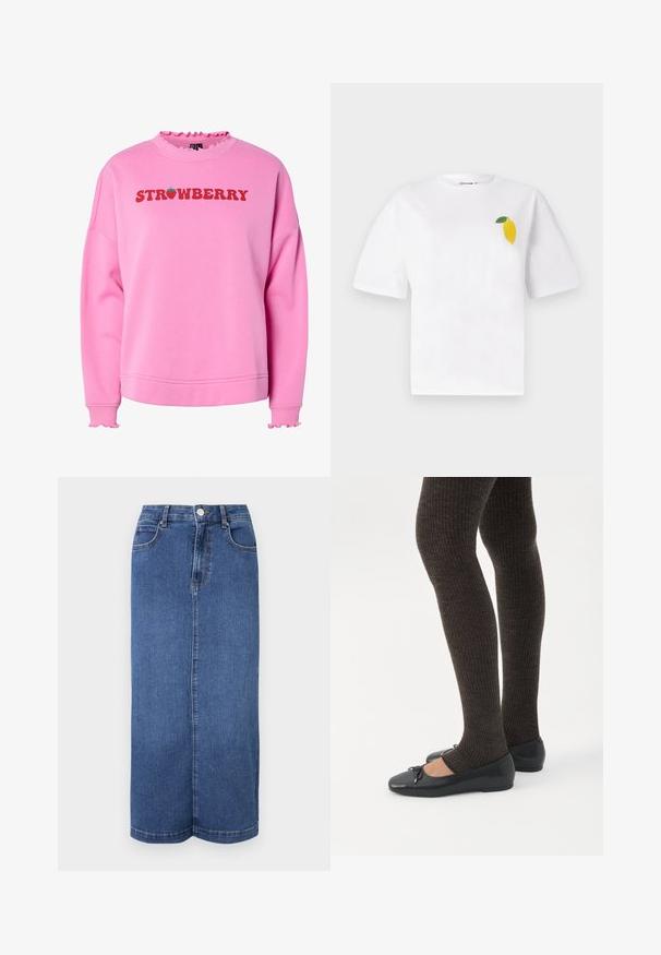 Roze sweatshirt met ruches bij de kraag en mouwen, met de tekst "STRAWBERRY" in vet rood en een groene aardbeienafbeelding boven de tekst.; Witte katoenen t-shirt met korte mouwen, voorzien van een klein geel citroendesign met een groen blad op de linkerkant van de borst.; Denim maxi rok in donkerblauw, met een rechte snit, een tailleband met knoopsluiting en minimale stikdetails.; Benen met donkere geribbelde leggings gecombineerd met zwarte ballerina's met kleine strikdetails op een witte achtergrond.