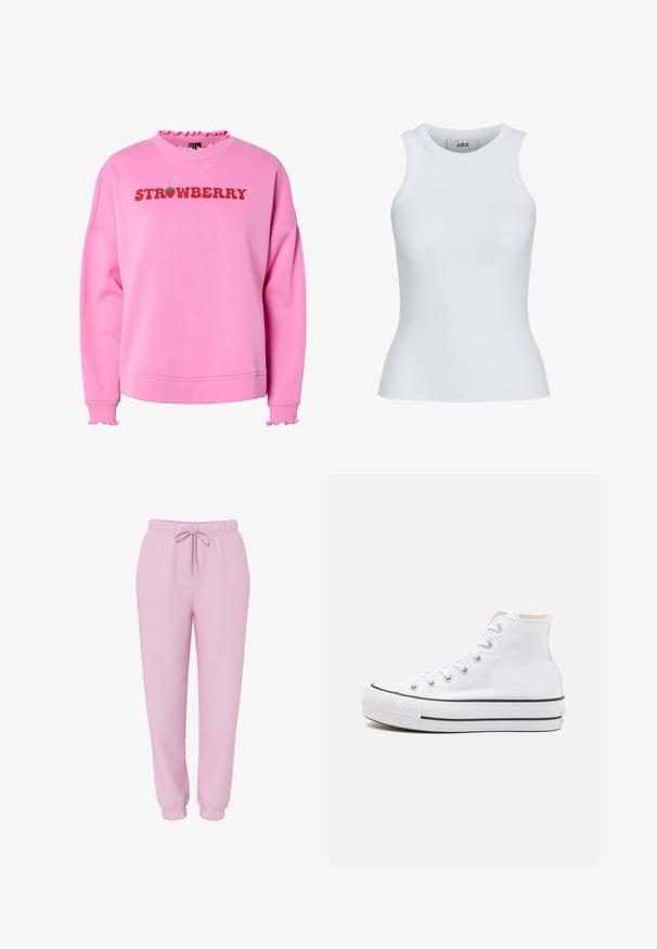 Roze sweatshirt met ruches bij de kraag en mouwen, met de tekst "STRAWBERRY" in vet rood en een groene aardbeienafbeelding boven de tekst.; Witte geribde tanktop met een ronde halslijn en zonder mouwen. Heeft een slim fit en een zachte textuur, geschikt voor lagen.; Lichtroze joggingsbroek met elastische tailleband, trekkoord, zijzakken en elastische boorden, afgebeeld op een witte achtergrond.; Witte hoge sneakers van canvasmateriaal, zwarte rubberen zool en contrasterende zwarte streep op de tussenzool. Circulaire neus en vetersluiting.