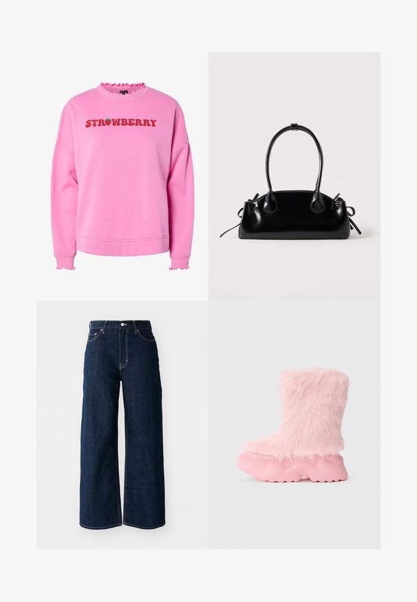 Sweatshirt rose avec un col et des poignets volants, présentant "FRAISE" en texte rouge en gras et un graphique de fraise verte au-dessus du texte.; Jeans en denim bleu foncé à jambes larges avec des coutures contrastées, un design à cinq poches et une fermeture à bouton à la taille.; Botte rose épaisse avec une semelle texturée et une douce fausse fourrure moelleuse recouvrant toute la partie supérieure.; Petit sac à main noir brillant avec deux longues anses et des détails à cordon sur les côtés sur un fond clair uni.