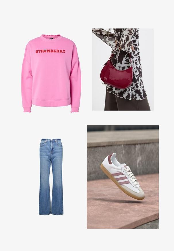 Sudadera rosa con cuello y puños con volantes, que presenta "FRESA" en texto rojo negrita y un gráfico de fresa verde encima del texto.; Jeans azules de talle alto y acampanados con una textura de mezclilla clásica, que cuentan con cinco bolsillos y cierre con cremallera. Diseño minimalista y detalles de costura.; Zapatilla Adidas Samba blanca y rosa con suela de goma flotando sobre una superficie de piedra y con un fondo desenfocado de pared de piedra.; Mujer con blusa de estampado en blanco y negro sosteniendo un bolso de hombro rojo brillante sobre un fondo liso.