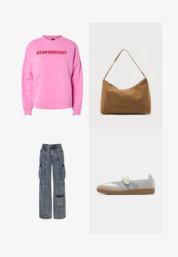 Roze sweatshirt met ruches bij de kraag en mouwen, met de tekst "STRAWBERRY" in vet rood en een groene aardbeienafbeelding boven de tekst.; Lichte blauwe denim cargo broeken. Kenmerken zijn wijde pijpen, meerdere zijzakken en contrasterende donkere denim accenten. Gestructureerd met zichtbare naden.; adidas Originals SAMBA JANE BALLERINA - Ballerina's met enkelbandjes - cloud white/halo blue; Bruine suède schoudertas met een enkele band en een ritssluiting aan de bovenkant, gepresenteerd tegen een effen witte achtergrond.