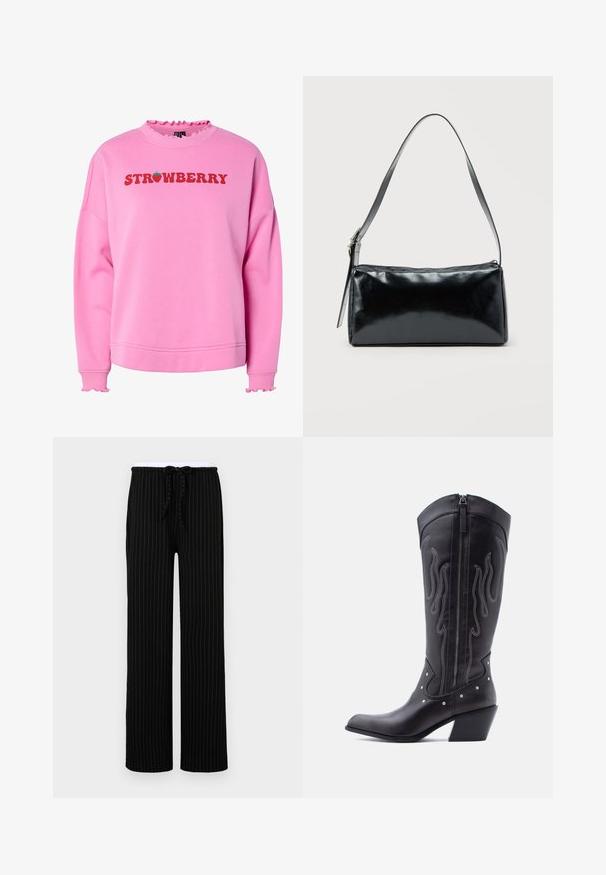Rosa Sweatshirt mit Rüschensaum am Kragen und an den Manschetten, ausgestattet mit dem Schriftzug "STRAWBERRY" in fettem roten Text und einer grünen Erdbeergrafik oberhalb des Textes.; Schwarze, gestreifte Hose mit entspannter Passform, ausgestattet mit einem elastischen Bund und Kordelzug, aus einem weichen Stoff gefertigt.; Schwarze Cowboy-Stiefel aus Leder mit spitzer Zehenpartie, sichtbarer Nahtführung, silbernen Nietenakzenten und Reißverschluss auf der Innenseite.; Schwarze rechteckige Schultertasche mit einem verstellbaren Riemen und einem oberen Reißverschluss vor einfachem Hintergrund.