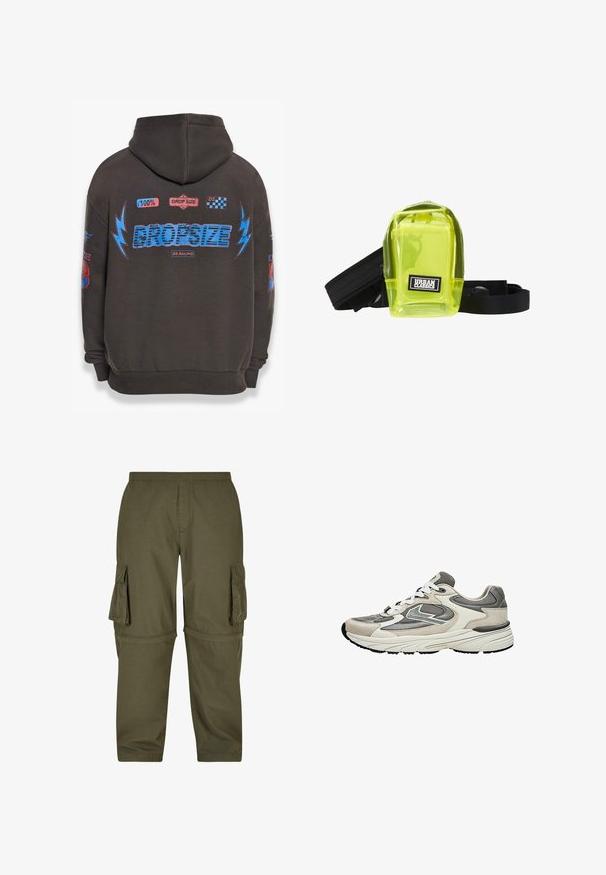 Dunkelgrauer Hoodie mit großem blauen "DROPSIZE"-Text und bunten Grafiken. Mit Kapuze, gerippten Bündchen und verschiedenen aufgedruckten Patches.; Olivgrüne Cargo-Hosen aus leichtem Material, mit mehreren Seitentaschen, einem elastischen Bund und einem geraden Schnitt.; Hellgrauer und weißer Sportschuh mit Mesh- und Wildledereinsätzen, weißen Schnürsenkeln und einer dicken, gepolsterten Sohle, seitlich dargestellt.; Transparente neon-grüne Tasche mit Reißverschluss, schwarzen Trägern und einem "Urban Classics"-Logopatch auf der Vorderseite. Kompakte und rechteckige Form.