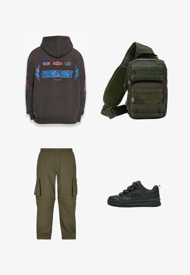 Dunkelgrauer Hoodie mit großem blauen "DROPSIZE"-Text und bunten Grafiken. Mit Kapuze, gerippten Bündchen und verschiedenen aufgedruckten Patches.; Olivgrüne Cargo-Hosen aus leichtem Material, mit mehreren Seitentaschen, einem elastischen Bund und einem geraden Schnitt.; Schwarzer Low-Top-Sneaker mit dicker Sohle, gepolstertem Kragen, Mesh-Einsätzen und kräftigen Schnürsenkeln, dargestellt vor weißem Hintergrund.; Grüner Tarn-Sling-Rucksack mit mehreren Reißverschlusstaschen, einem verstellbaren Gurt und einem Netzrückenpaneel zur Belüftung.
