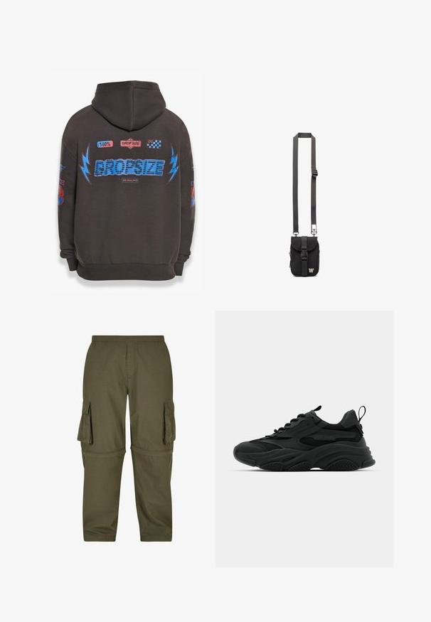 Donkergrijze hoodie met grote blauwe "DROPSIZE" tekst en kleurrijke graphics. Voorzien van een capuchon, geribbelde mouwen en verschillende geprinte patches.; Olijfgroene cargobroek gemaakt van lichtgewicht stof, met meerdere zijzakken, een elastische tailleband en een recht gesneden ontwerp.; Zwarte sportieve sneakers met een chunky zool, mesh panelen en rubberen accenten. Voorzien van een trekband aan de hak en gestructureerde patronen.; Zwarte stoffen schoudertas met een verstelbare strap, voorflap en een ritsvak. Heeft merkhardware en een compacte rechthoekige vorm.