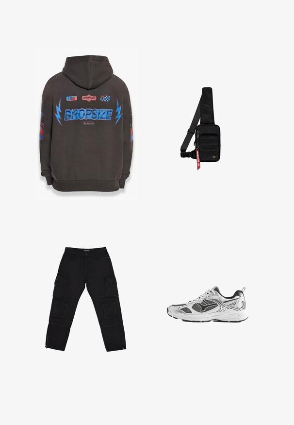 Dunkelgrauer Hoodie mit großem blauen "DROPSIZE"-Text und bunten Grafiken. Mit Kapuze, gerippten Bündchen und verschiedenen aufgedruckten Patches.; Schwarze Cargo-Hosen aus robustem Stoff, ausgestattet mit mehreren Cargotaschen, Reißverschluss-Ärmeln und geraden Beinen mit dezenten Nähdetails.; Weißer und schwarzer athletischer Laufschuh mit Schnürverschluss und Mesh-Einsätzen für Atmungsaktivität, seitlich auf weißem Hintergrund gezeigt.; Schwarze Umhängetasche aus strukturiertem Stoff. Ausgestattet mit einem Reißverschluss-Hauptfach, einer vorderen Tasche mit Gurtband, verstellbarem Riemen und einem dekorativen Anhänger.