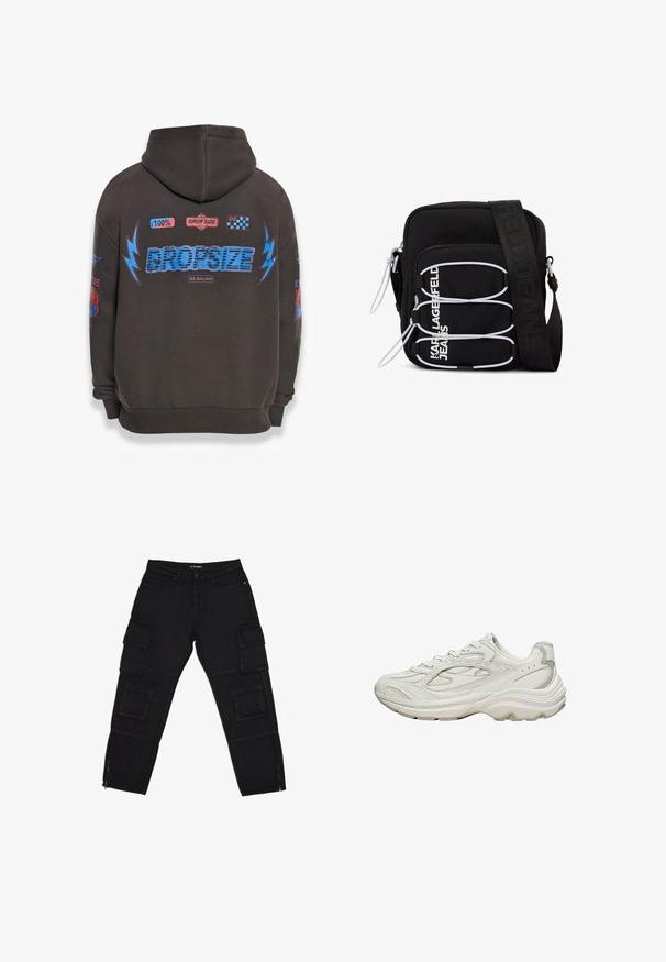 Sweat à capuche gris foncé avec un grand texte bleu "DROPSIZE" et des graphiques colorés. Comprend une capuche, des poignets côtelés et divers patchs imprimés.; Pantalons cargo noirs en tissu durable, dotés de plusieurs poches cargo, de chevilles zippées et de jambes droites avec des détails de couture subtils.; Baskets blanches avec une tige texturée et une semelle épaisse. Elles présentent des lignes courbes, des accents gris subtils et un design à lacets.; Sac bandoulière noir avec boucles élastiques blanches, tirettes de fermeture éclair, et texte blanc "KARL LAGERFELD JEANS" sur la poche avant.