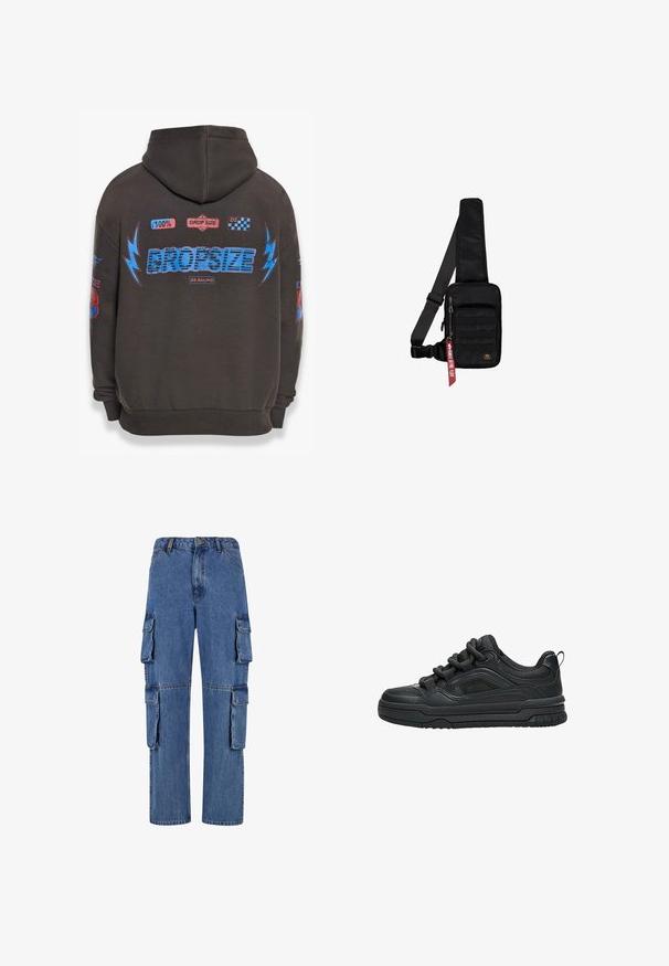 Dunkelgrauer Hoodie mit großem blauen "DROPSIZE"-Text und bunten Grafiken. Mit Kapuze, gerippten Bündchen und verschiedenen aufgedruckten Patches.; Blaue Denim-Cargo-Hosen mit weitem Bein, vier großen seitlichen Taschen und kontrastierenden Nähten. Die Textur ist glatt mit einer verwaschenen Optik.; Schwarzer Low-Top-Sneaker mit dicker Sohle, gepolstertem Kragen, Mesh-Einsätzen und kräftigen Schnürsenkeln, dargestellt vor weißem Hintergrund.; Schwarze Umhängetasche aus strukturiertem Stoff. Ausgestattet mit einem Reißverschluss-Hauptfach, einer vorderen Tasche mit Gurtband, verstellbarem Riemen und einem dekorativen Anhänger.