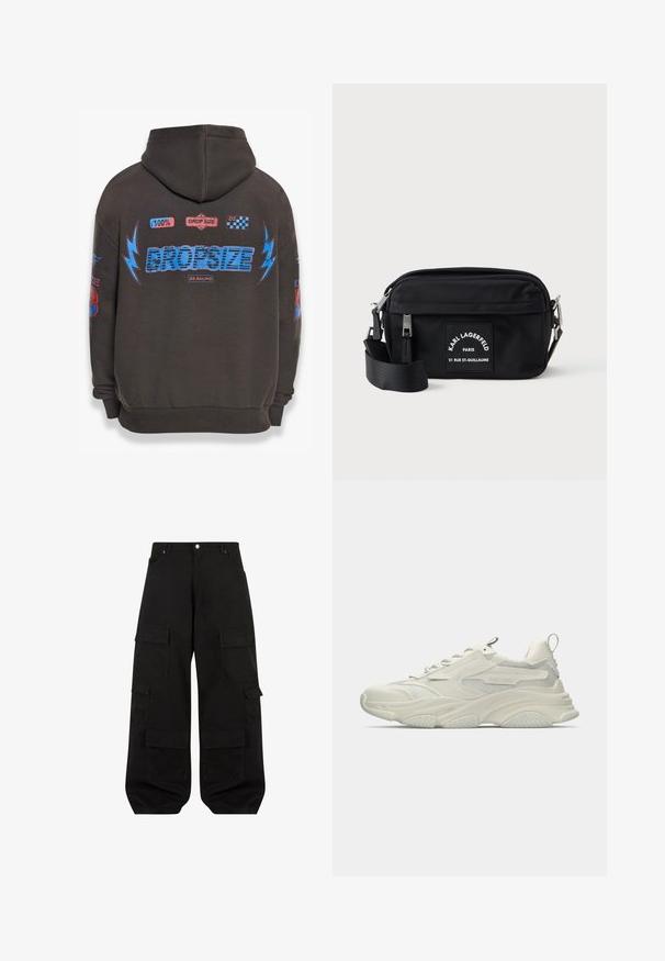 Dunkelgrauer Hoodie mit großem blauen "DROPSIZE"-Text und bunten Grafiken. Mit Kapuze, gerippten Bündchen und verschiedenen aufgedruckten Patches.; Schwarze Cargo-Hosen aus strapazierfähiger Baumwolle mit lockerer Passform. Verfügt über mehrere Utility-Taschen und ein gerades Bein Design.; Klobiger weißer Sneaker mit Netzakzenten, texturierter Gummisohle und abgerundeter Form. Verfügt über minimalistisches Branding und eine Ziehschlaufe an der Ferse.; Schwarze Nylon-Crossbody-Tasche mit Reißverschluss, verstellbarem Gürtel und einem weißen Marken-Patch mit "Karl Lagerfeld Paris". Kompaktes Design.