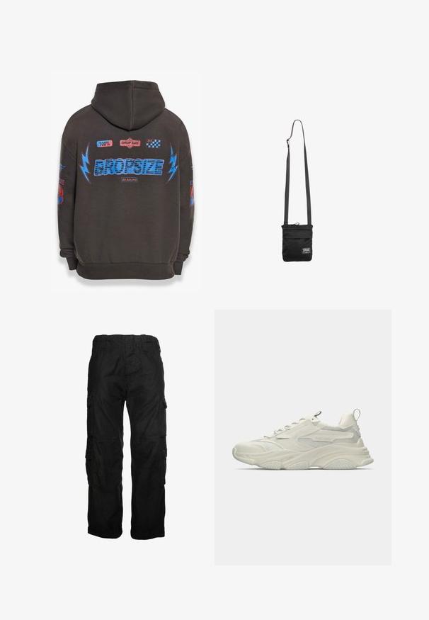 Sweat à capuche gris foncé avec un grand texte bleu "DROPSIZE" et des graphiques colorés. Comprend une capuche, des poignets côtelés et divers patchs imprimés.; Pantalons cargo noirs en coton, avec plusieurs poches latérales, une taille élastique et une coupe décontractée. Texture lisse avec des détails de couture.; Baskets blanches épaisses avec accents en mesh, semelle en caoutchouc texturée et forme arrondie. Présente un marquage minimal et une languette de tirage à l'arrière.; Sac banane noir avec sangle réglable et petite étiquette logo rectangulaire blanche sur la partie inférieure avant.