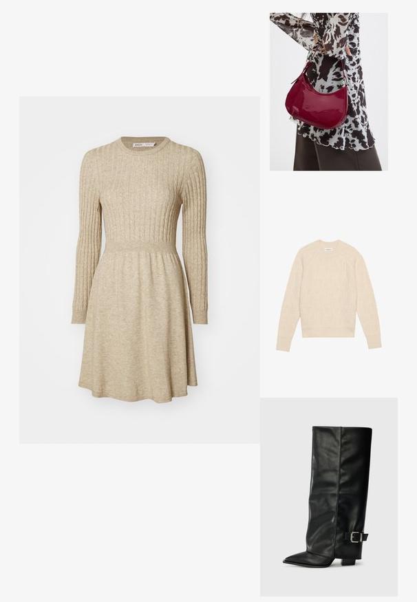 Suéter de punto color crema con un patrón de hojas, cuello redondo y puños acanalados. Textura suave con un ajuste ligeramente relajado.; Vestido de punto acanalado beige con mangas largas, escote redondo, cintura entallada y falda acampanada. Textura suave con sutil variación de color.; Botas de cuero negro hasta el tobillo con punta afilada, textura suave y un detalle de hebilla plateada en el lado. Tacón cuadrado grueso.; Mujer con blusa de estampado en blanco y negro sosteniendo un bolso de hombro rojo brillante sobre un fondo liso.