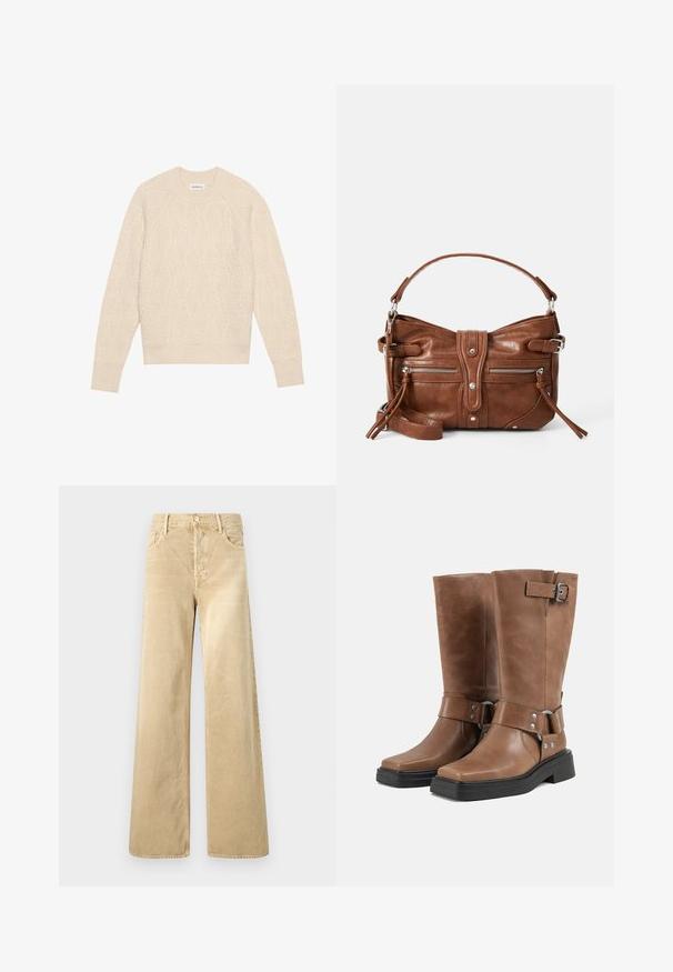 Pull en tricot couleur crème avec un motif de feuilles, col rond et poignets côtelés. Texture douce avec une coupe légèrement décontractée.; Pantalon ample en velours côtelé beige avec une texture lisse, doté d'une fermeture à boutons et d'un design classique à cinq poches.; Paire de bottes mi-mollet en cuir marron avec semelles épaisses noires, brides latérales avec boucles et rivets métalliques, et bouts carrés.; Sac à main en cuir marron, de forme arrondie, avec deux poches zippées à l'avant et une bandoulière amovible. Il présente des éléments en métal argenté et des coutures.