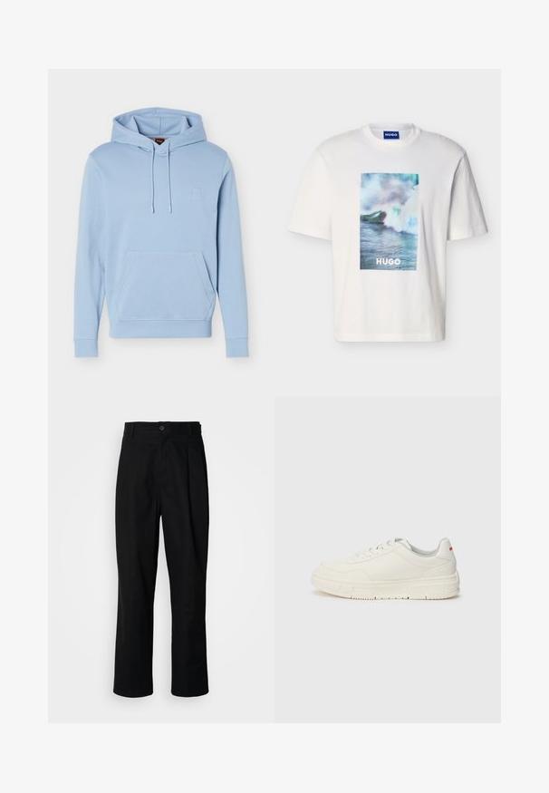 Sweat à capuche bleu clair avec poche kangourou à l'avant et capuche à cordon de serrage, arborant un logo subtilement embossé sur la poitrine.; T-shirt blanc à manches courtes avec un motif de vague océanique en bleu, vert et blanc et le texte "HUGO" centré à l'avant.; Pantalons noirs à jambes droites avec une taille à bouton, passants de ceinture et pli avant, présentés sur un fond blanc uni.; Baskets blanches avec un dessus en cuir lisse, bout rond, lacets plats et semelle en caoutchouc texturé. Un accent rouge se trouve au niveau du talon.
