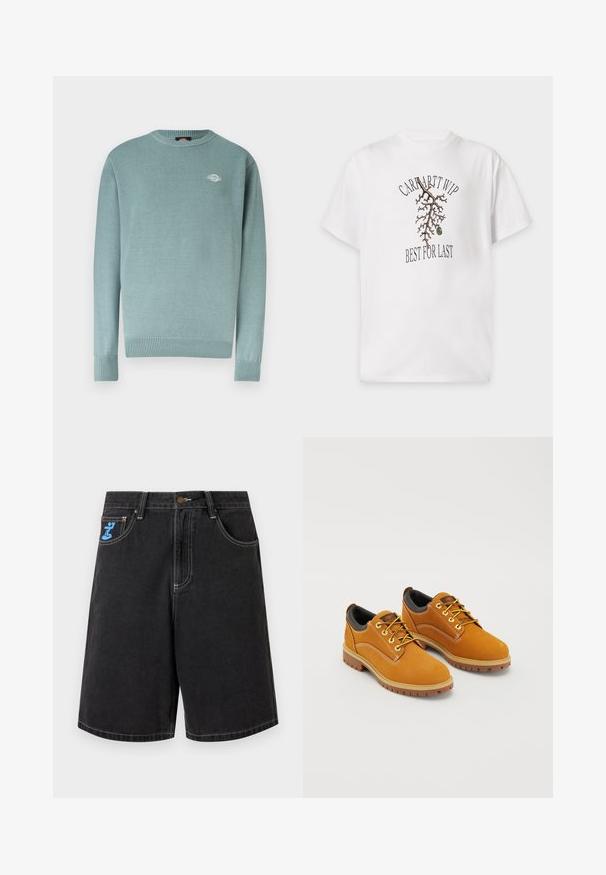 Pull à col rond bleu clair avec poignets et ourlet côtelés, arborant un petit logo blanc sur le côté gauche de la poitrine.; T-shirt blanc à manches courtes avec une branche d'arbre marron, une olive verte et du texte noir "Carhartt WIP" au-dessus et "Best for Last" en dessous de la branche.; Short en denim noir avec coutures blanches, bouton à l'avant, passants pour ceinture, deux poches latérales et un logo bleu sur la petite poche avant droite.; Chaussures en daim marron avec un bout rond, des lacets jaunes, un col rembourré noir et des semelles en caoutchouc avec des rainures de traction.