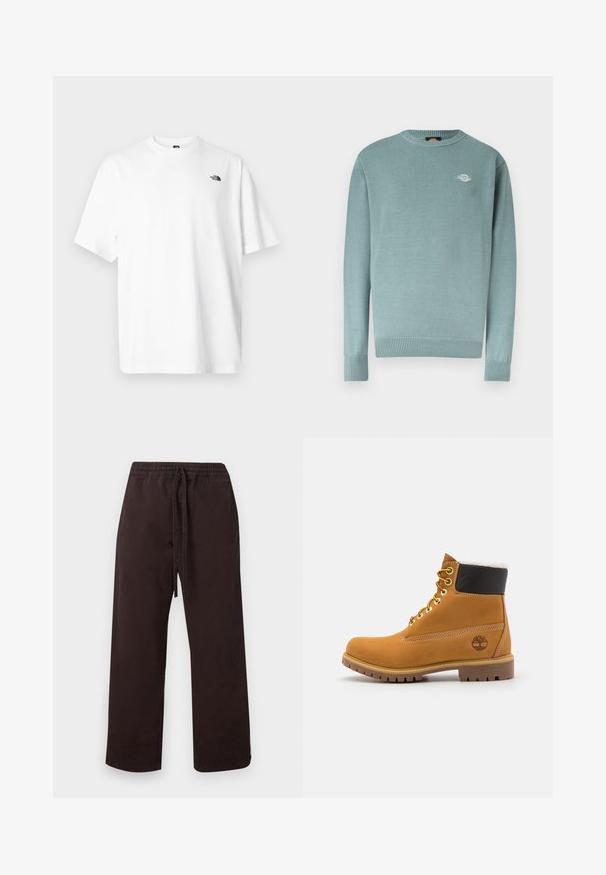 Pull à col rond bleu clair avec poignets et ourlet côtelés, arborant un petit logo blanc sur le côté gauche de la poitrine.; T-shirt en coton blanc à manches courtes, col en V, avec un petit logo noir sur le côté supérieur gauche. Texture douce, coupe décontractée.; Pantalon décontracté marron foncé avec taille élastique et cordon, coupe droite, présenté sur un fond clair.; Bottine en cuir brun avec œillets en métal, doublure en fourrure blanche, col rembourré noir, semelle robuste et logo en relief sur le côté.