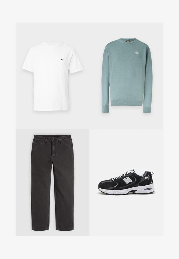 Pull à col rond bleu clair avec poignets et ourlet côtelés, arborant un petit logo blanc sur le côté gauche de la poitrine.; T-shirt en coton blanc avec col en V, manches courtes, arborant un petit logo noir sur la poitrine. Texture lisse, coupe décontractée.; Pantalon noir droit avec poches avant, passants pour ceinture, fermeture par bouton et coutures visibles sur un fond uni.; Baskets de sport noires et grises avec un tige en mesh et en suède, présentant une semelle intermédiaire blanche, des lacets et un logo "N" audacieux sur le côté.