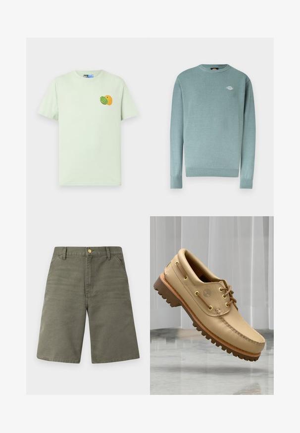 Pull à col rond bleu clair avec poignets et ourlet côtelés, arborant un petit logo blanc sur le côté gauche de la poitrine.; T-shirt vert clair à manches courtes avec un petit motif de kiwi et d'orange sur le côté gauche de la poitrine.; Shorts mi-longueur couleur vert olive avec poches avant, passants pour ceinture et fermeture par un bouton doré sur un fond clair uni.; Chaussure bateau en cuir marron clair avec semelle épaisse et striée et détails de lacets, flottant au-dessus d'un sol en marbre et d'un fond de stores verticaux blancs.