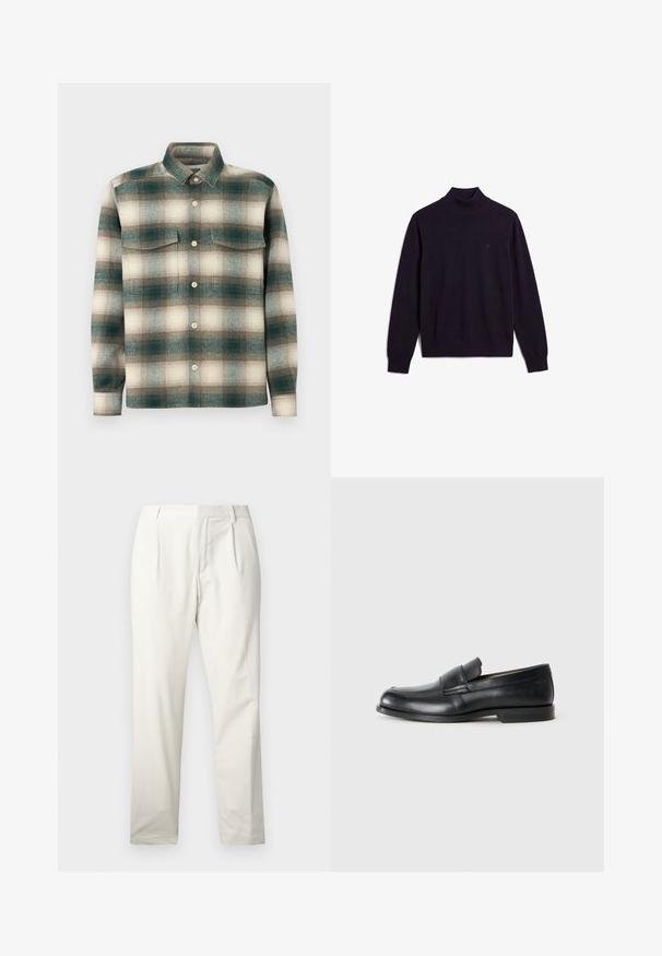 Sort langærmet rullekravesweater med ribstrikket krave, manchetter og nederkant, der viser et lille broderet logo på øvre venstre bryst.; Rutig skjorte i nuancer af grøn, beige og brun. Fremstillet af tekstureret stof med knaplukning foran og to brystlommer.; Hvide bomuldsbukser med lige ben, der har frontlægningsfolder, en glat tekstur og et klassisk talje-design.; Sorte læder loafers med rund tå, syet detaljer og en flad gummisål. Har en bred rem over vristen.