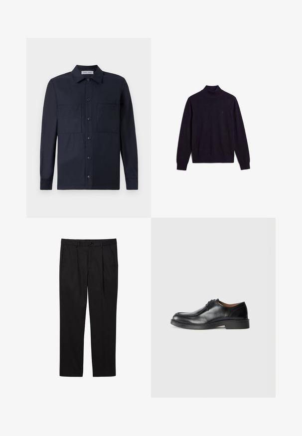 Sort langærmet rullekravesweater med ribstrikket krave, manchetter og nederkant, der viser et lille broderet logo på øvre venstre bryst.; Samsøe Samsøe TAKA JO OVERSHIRT - Skjorter - dark blue; Sorte herre formelle bukser med forlommer, bæltestropper, knaplukning og lige ben.; Sorte lædersko med rund tå, glat overflade, snøre detaljer og en lav, tekstureret gummisål. Rene linjer og minimalistisk design.