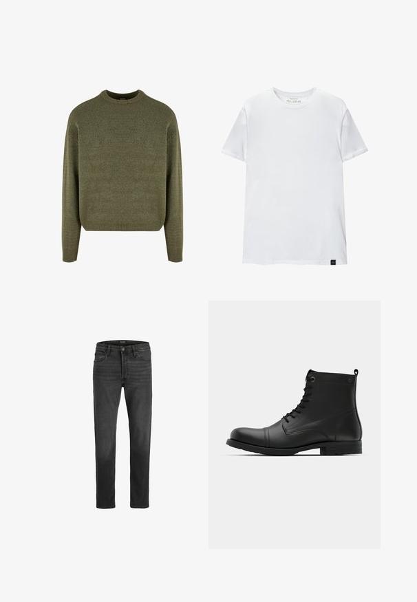 Grøn uldblandings sweater med rund hals, ribbede manchetter og kant, samt en blød, struktureret finish. Klassisk, afslappet pasform med sænkede skuldre.; Hvid muskeltilpasset t-shirt lavet af bomuld. Rund hals, korte ærmer, glat tekstur. Lille sort logo-tag nederst. Enkelt design.; Sorte denim jeans med lige pasform, fem-lomme design og lynlås. Har diskret falmning og kontrastsyninger.; Sorte læder ankelstøvler med rund tå, snørelukning og flad gummisål. Har minimal syning og en hælsløjfe.