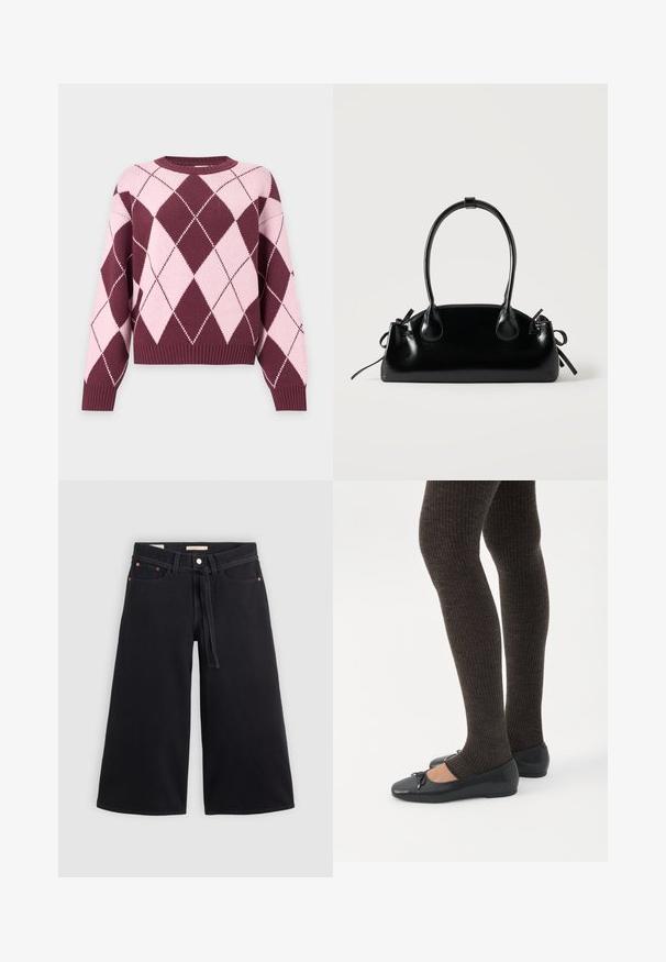 Gebreide trui met lange mouwen met een roze en bordeaux argyle ruitpatroon en geribde boorden en zoom.; Zwarte wijdvallende denim broek heeft een trekkoord in de taille, riemlussen, koperen accenten en een nette afwerking. De stof is stevig en textuur geeft.; Benen met donkere geribbelde leggings gecombineerd met zwarte ballerina's met kleine strikdetails op een witte achtergrond.; Kleine zwarte glanzende handtas met twee lange hengsels en zijkant trekkoord details op een effen lichte achtergrond.