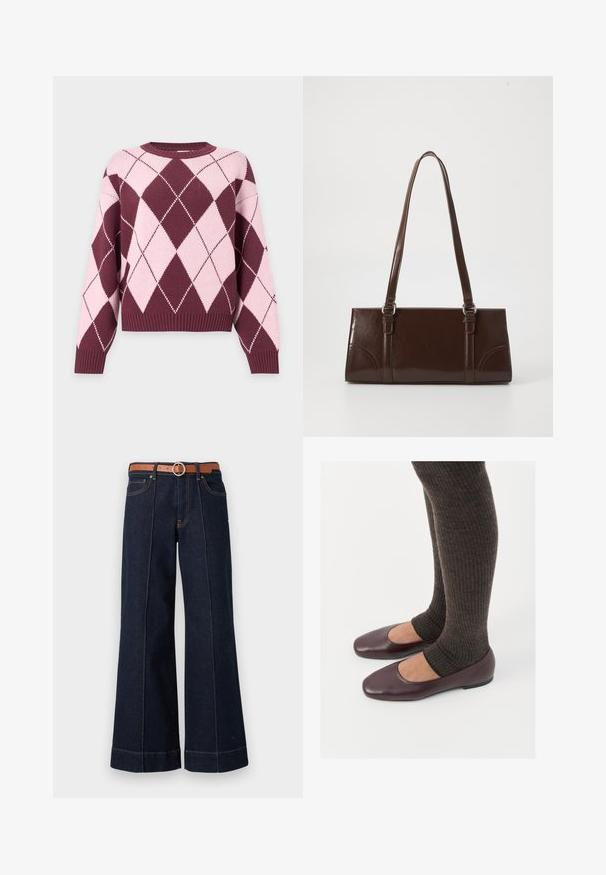 Gebreide trui met lange mouwen met een roze en bordeaux argyle ruitpatroon en geribde boorden en zoom.; Donkerblauwe denim wijde pijpen jeans met een hoge taille, een brown riem en zichtbare stikseldetails. Bevat voorzakken en heeft een relaxed fit.; Bordeaux lakleren ballerina's met een vierkante neus, gecombineerd met donkerbruine geribbelde sokken die tot halverwege de kuit reiken.; Bruine lakleren handtas met een rechthoekige vorm, twee lange handvatten en subtiele gebogen accenten aan de voorkant.