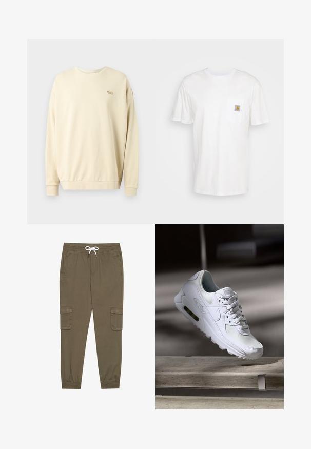 Sweatshirt de couleur crème avec une coupe décontractée, un col rond, des poignets côtelés et un logo brodé subtil sur la poitrine. Texture douce.; T-shirt en coton blanc à manches courtes, avec une poche poitrine et un petit patch logo carré en orange et blanc sur la poche.; Pantalons cargo kaki avec une taille élastique et un cordon de serrage, dotés de poches latérales et de chevilles côtelées. Fabriqués en matériau texturé et léger.; Sneaker Nike Air Max 90 blanche avec une tige en mesh et cuir, une boîte à orteils perforée et une unité air visible au talon.