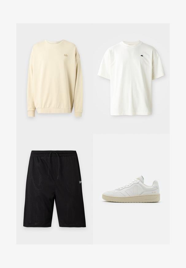 Sweatshirt de couleur crème avec une coupe décontractée, un col rond, des poignets côtelés et un logo brodé subtil sur la poitrine. Texture douce.; T-shirt à manches courtes et col rond en crème clair, fabriqué en coton. Présente un petit logo bleu marine sur la poitrine gauche. Texture lisse, coupe décontractée.; Shorts de sport en mesh noirs avec une taille à cordon de serrage, présentant une texture perforée et un petit logo blanc en bas à droite.; Baskets en cuir blanc avec une finition texturée et un col rembourré. Elles sont dotées d'une semelle en caoutchouc beige et d'une discrète branding sur le talon et le côté.