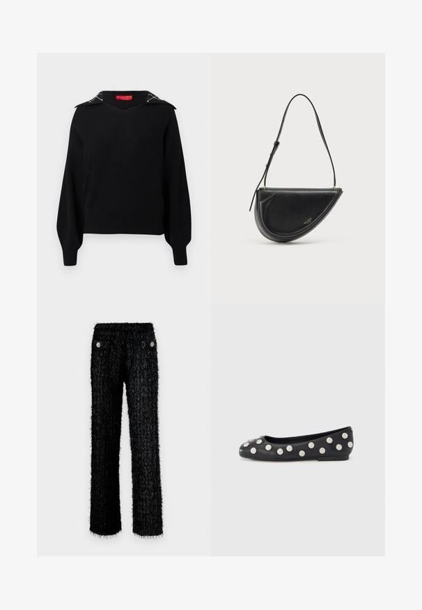 Sort strikket sweater med v-udskæring og bred, dekoreret krave med sølvdetaljer. Lange, vide ærmer med tætsiddende manchetter.; Sorte, fuzzy bukser med et tekstureret design, der har en høj talje og to frontlommer prydet med runde blomsterudsmykninger.; Sort læderballetsko med runde, sølvfarvede nitter arrangeret langs siden og en dekorativ detalje på tåen. Flad hæl, afrundet tådesign.; Sort læderhåndtaske med halvmåneform, der har en glat tekstur, aftagelig rem og diskret guldbranding foran.