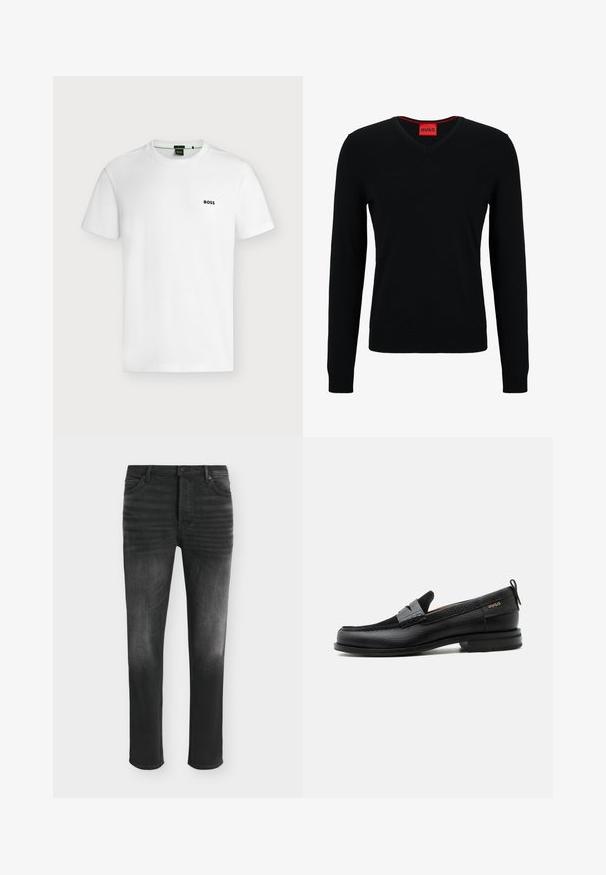 HUGO SAN VREDO - Trui - black; Effen wit T-shirt met korte mouwen en een klein zwart "BOSS"-logo op de linkerborst, getoond tegen een lichte achtergrond.; Zwarte skinny-fit jeans met vervaagde details, vijfzakkenstijl en knoopsluiting in de taille.; Zwarte leren loafer met grijs riemdetailelement, lage hak en gestructureerde zool, aan de zijkant gebrandmerkt met "HUGO" in goud.