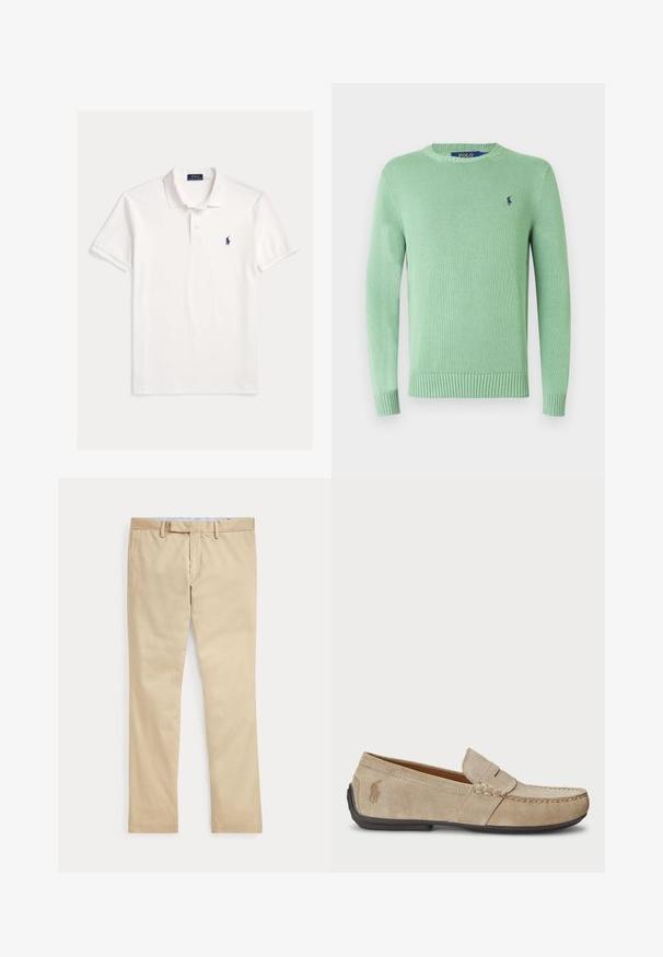 Suéter de punto verde claro con cuello redondo, puños y dobladillo acanalados, con un pequeño logo azul marino en el pecho. Tejido texturizado y diseño sencillo.; Camisa Polo Ralph Lauren blanca de manga corta con cuello, tapeta de dos botones y pequeño logo bordado de caballo azul marino en el pecho izquierdo.; Pantalones beige de corte recto con trabillas para cinturón y cremallera frontal, colocados planos sobre un fondo blanco.; Mocasines de ante beige con detalle cosido, suela de goma plana y un pequeño logotipo en el lateral. Diseño clásico de slip-on, textura suave.