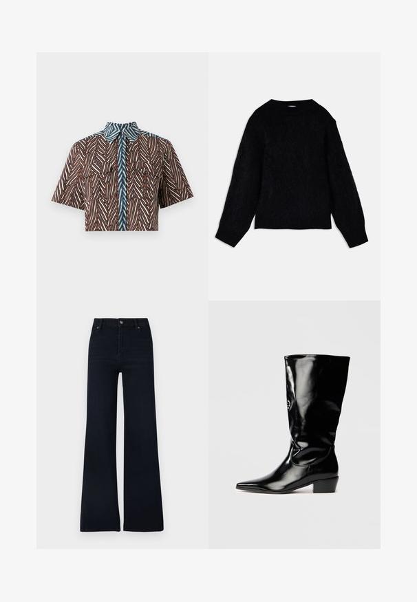 Pull noir en maille avec une finition texturée et duveteuse. Il présente des manches longues et un col rond, avec une coupe légèrement raccourcie.; Diane von Furstenberg AMY - Chemisier - brown; Jean évasé bleu foncé en denim. Doté d'une fermeture par bouton, de cinq poches, et d'un design épuré avec peu de variations de texture.; Botte noire en cuir verni, montée jusqu'au genou, avec un bout pointu, un talon légèrement effilé et une finition lisse et brillante.