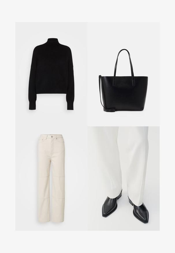 Zwarte coltrui met lange mouwen, cropped ontwerp, gebreide textuur en aansluitende manchetten. Eenvoudig, effen kleur zonder patronen.; Lichtbeige wijde jeans gemaakt van katoen. Heeft een hoge taille, een knoopsluiting aan de voorkant en twee horizontale naadaccenten op de benen.; Zwarte puntige enkellaarzen met een gladde leren afwerking, lage blokhakken, gecombineerd met witte wijde broekspijpen. Eenvoudig en modern design.; Zwarte leren tote bag met twee lange handvatten, een gestructureerde vorm, een gladde textuur en een afneembare schouderband. Subtiele merkvermelding.