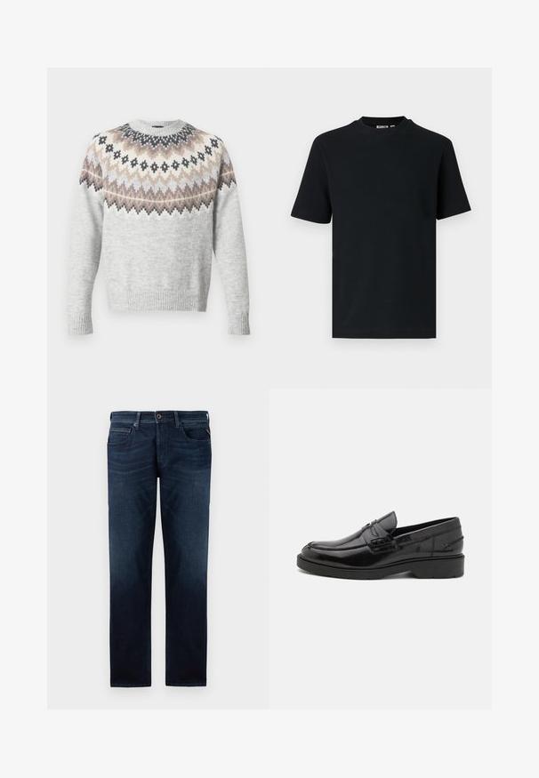 Hellgrauer Pullover mit langen Ärmeln, der eine gemusterte Passe in Creme-, Braun- und Schwarztönen aufweist. Gerippte Bündchen und Saum sorgen für Textur.; Schwarzes, kurzärmeliges, geripptes Strick-T-Shirt mit Rundhalsausschnitt und einem kleinen, sichtbaren Etikett im Krageninnenteil.; Dunkelblaue Jeans aus Denim mit geradem Bein, fünf Taschenstil und sichtbarem Knopfverschluss an der Taille. Glatte Textur.; Schwarze Lederloafers mit glatter Oberfläche, abgerundetem Zehenbereich, niedrigem Absatz und dekorativer Naht entlang der Vorderseite. Gummisohle für guten Halt.
