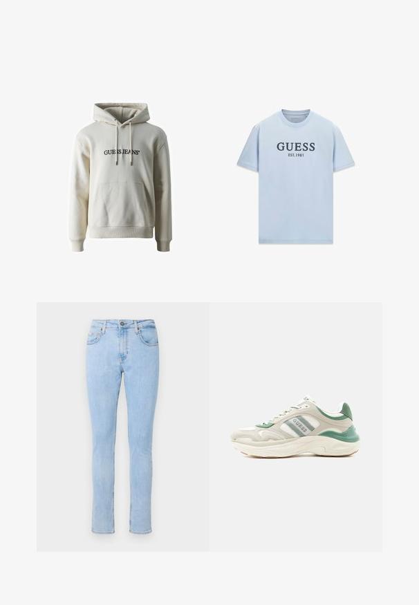 Guess Jeans HOOD REG AMERICA TRAD - Mikina s kapucňou - biscotti; Svetlomodré tričko s krátkym rukávom s čiernym textom "GUESS EST. 1981" v strede vpredu a guľatým výstrihom.; Svetlomodré denimové džínsy s priliehajúcim strihom, štýlom s piatimi vreckami, predným zapínaním na gombík a jemným vyblednutím. Úzky strih s rovným nohavicami.; Nízke tenisky béžovo-zelené s bielou podrážkou, bočné pásiky s logom a textúrovaným dizajnom, naklonené doľava na bielom pozadí.