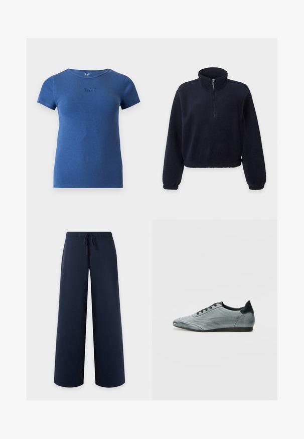 Pull en polaire bleu marine à manches longues, demi-zip devant, col montant et poignets et bas élastiqués.; T-shirt bleu côtelé à manches courtes avec col rond et petit logo GAP embossé sur la poitrine.; Pantalon bleu marine à jambe large, taille élastique et cordon, vu de face sur fond uni clair.; Baskets en cuir gris clair au design épuré, avec des détails cousus, des lacets noirs et un accent de talon foncé. Semelle en caoutchouc.