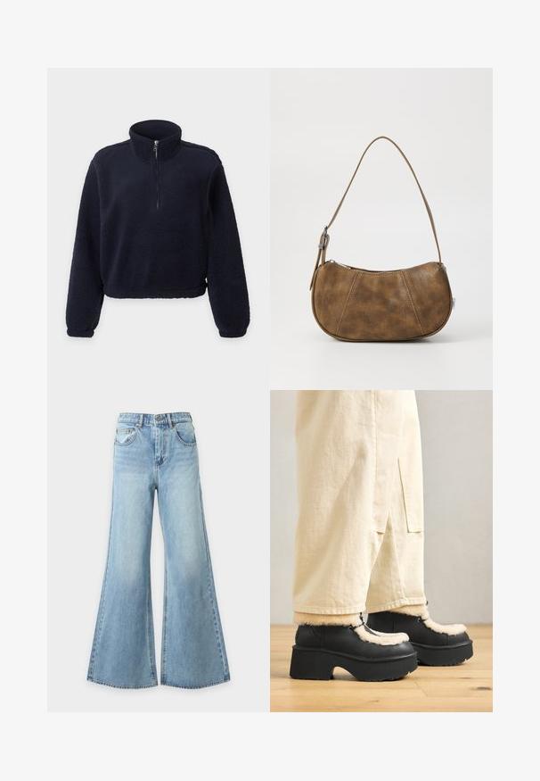 Marineblå fleece-pullover med lange ærmer, halvlange lynlås foran, høj krave og elastiske manchetter og kant.; Lyseblå vidde denimbukser med forreste knap- og lynlås, bæltestropper og forlommer, vist på en ensfarvet baggrund.; Sorte platformstøvler med en rund tå, der har en fluffy cremefarvet krave og snøre detaljer, parret med løse beige bukser på et trægulv.; Brun faux læder skuldertaske med en buet form, en enkelt strop, kontrasterende syninger og en lynlåslukning langs den øverste kant.