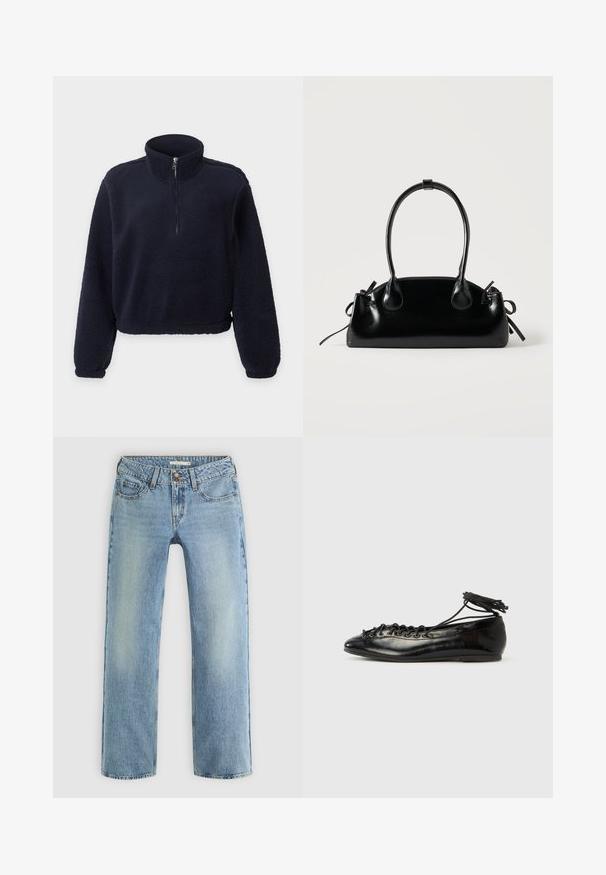 Marineblauwe fleece trui met lange mouwen, een halve rits aan de voorkant, een hoge kraag en elastische manchetten en zoom.; Lichtblauwe rechte jeans van denim, met een knoopsluiting, vijf zakken en subtiele vervaging langs de benen.; Zwarte ballerina's van lakleer met een afgeronde neus, veterdesign en een platte zool. Glad oppervlak met minimale details.; Kleine zwarte glanzende handtas met twee lange hengsels en zijkant trekkoord details op een effen lichte achtergrond.