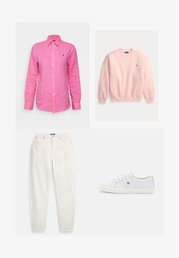 Sudadera de color rosa claro hecha de material suave. Cuenta con cuello redondo, puños y dobladillo acanalados, y un pequeño logo azul en el pecho izquierdo.; Camisa de manga larga y cuello en lino de color rosa brillante, con un pequeño logo azul en el lado izquierdo del pecho y botones blancos en el frente.; Vaqueros blancos de tiro alto y pierna recta con botón y cremallera delanteros, diseño de cinco bolsillos y etiqueta de la marca Polo en la cintura.; Lauren Ralph Lauren JANSON II ACTION LEATHER SNEAKER - Zapatillas - real white