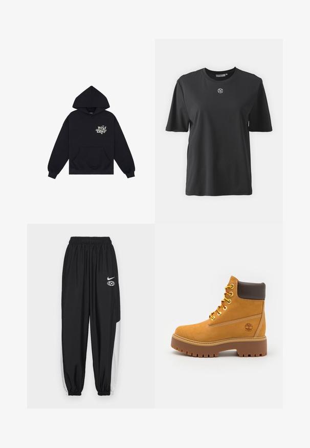Sort hættetrøje lavet af bomuld. Har en frontlomme og hvid tekst "Wrfst Bhvr" på venstre side. Klassisk pasform med ribbede manchetter.; Sort kortærmet t-shirt lavet af blødt materiale. Har en rund halsudskæring og et lille hvidt logo i midten. Glat tekstur.; Nike Sportswear Træningsbukser - black/summit white; Tan vandtæt ankelstøvle med en robust gummisål, rund tå, brun læderkrave, gule snørebånd og et logo på siden.
