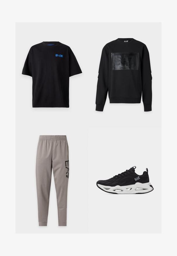 Zwarte sweatshirt met lange mouwen met een glanzende rechthoekige patch met daarin de tekst "EA7 Emporio Armani" in reliëf aan de voorkant in het midden.; Zwarte katoenen t-shirt met een relaxte pasvorm, voorzien van een blauw "Hug" logo op de borst, ronde halslijn en korte mouwen. Eenvoudig ontwerp.; Lichtgrijze taps toelopende joggingbroek met elastische tailleband en zwarte "E A7" tekst verticaal gedrukt op de rechterdij.; Zwarte lage sneaker met een textuur bovenmateriaal, dikke witte zool met uitgesneden designs en EA7 Emporio Armani-logo op de zijkant.
